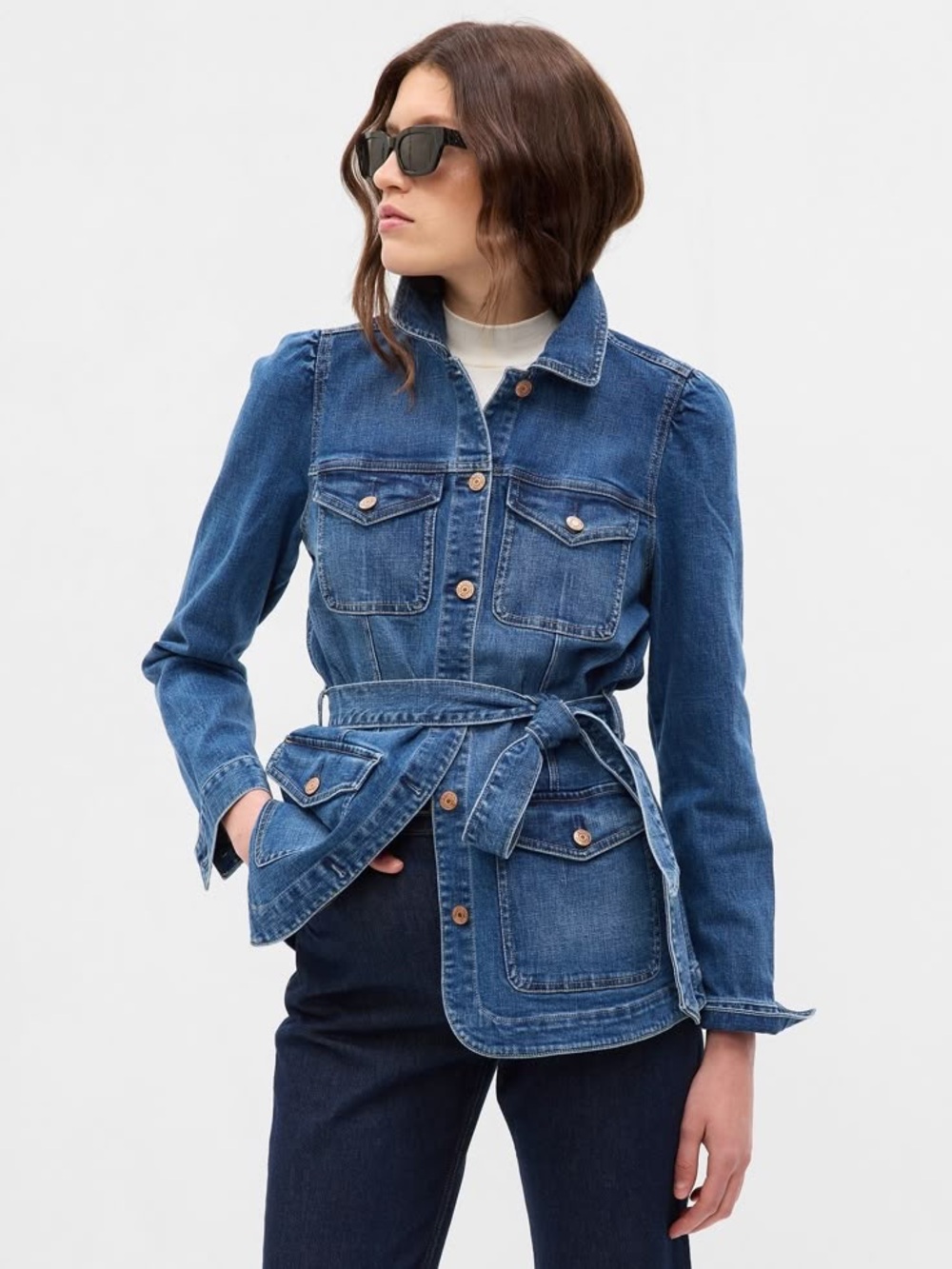 GAP Puff Sleeve Belted Denim Jacket Size Large Medium Indigo Blue Utility Retro